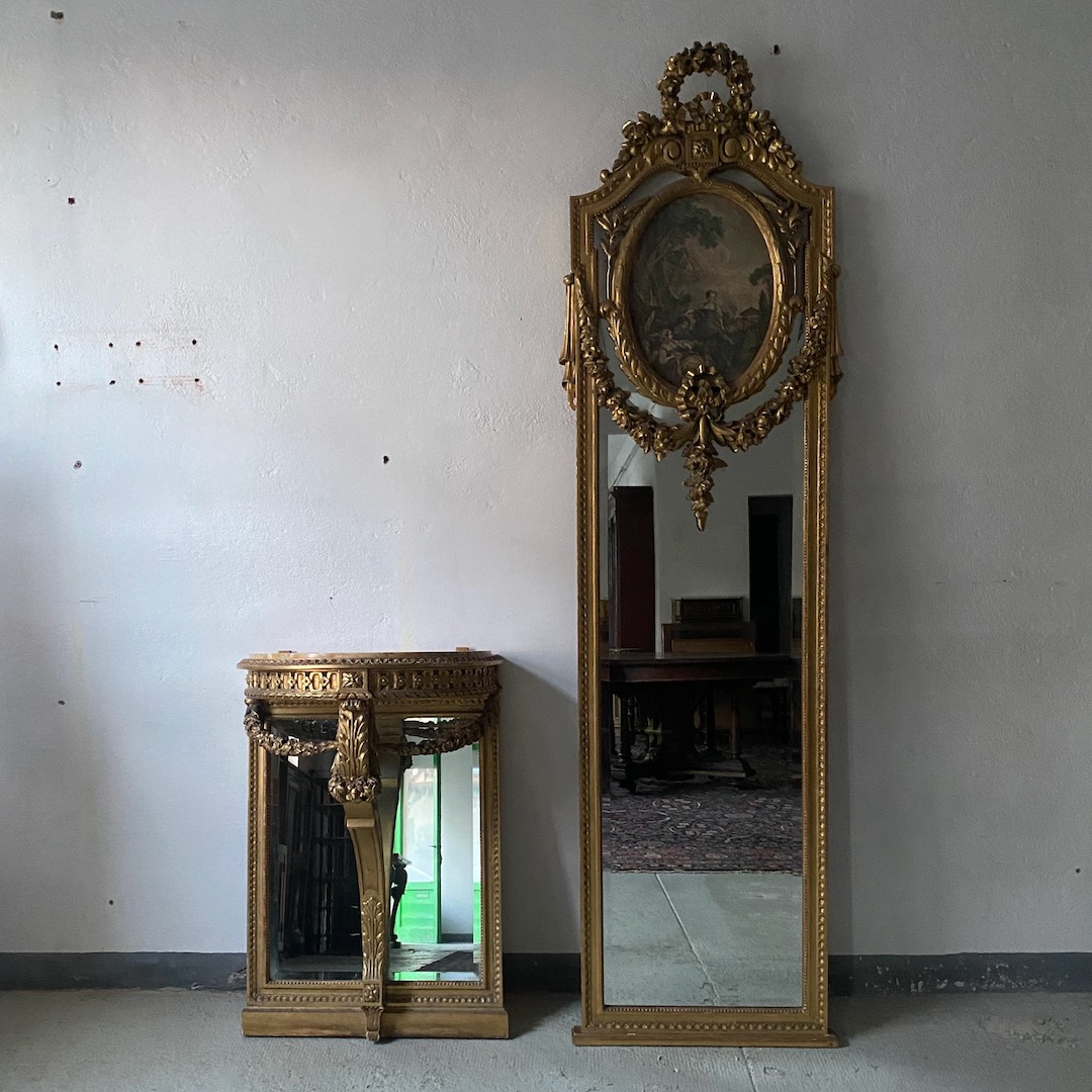 Grande Specchio a Colonna con Console Mezzaluna Luigi XVI CONSOLLES